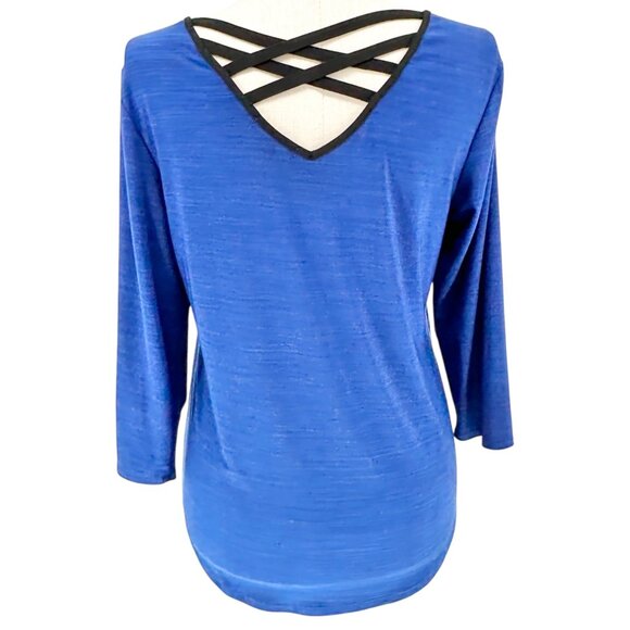 Susan Lawrence Top XL Blue 3/4 Sleeve Silver Embellishments Black Trim Accents - Picture 2 of 8